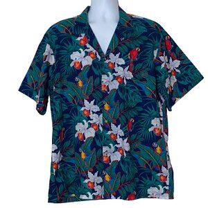 Jade Fashions Hawaiian Shirt Mens XL Blue Green Red Parrots Made In USA Vintage